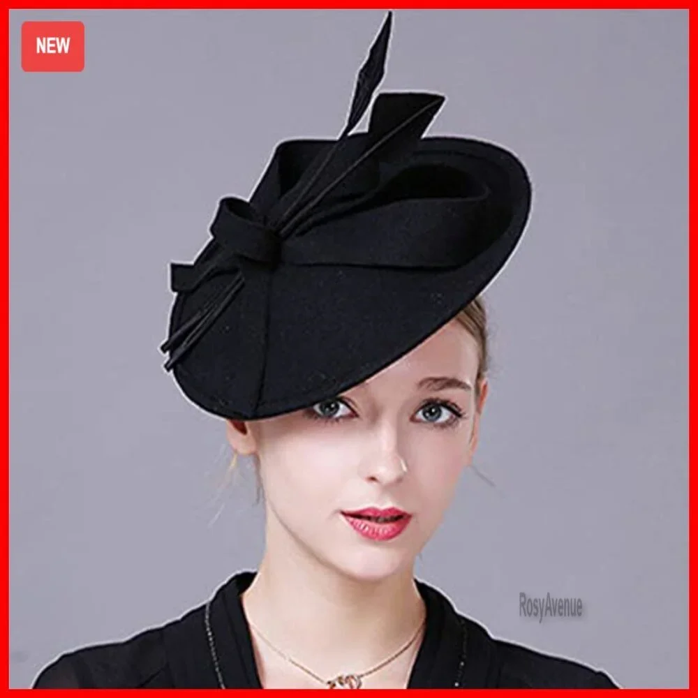Wool Felt Fedora Hat Adjustable Fit Feathers Elegant Wedding Church Festival